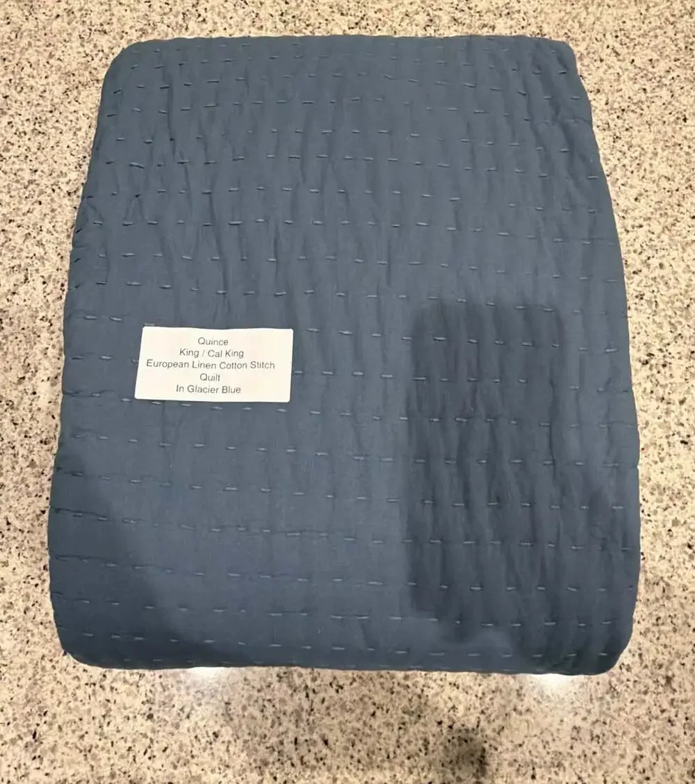 Quince King / Cal King European Linen Cotton Stitch Quilt in Glacier Blue